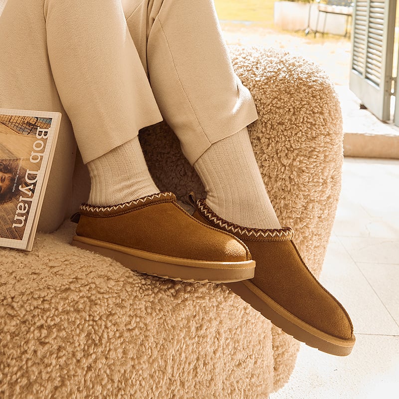 Embroidered Suede Fuzzy Cozy Slippers